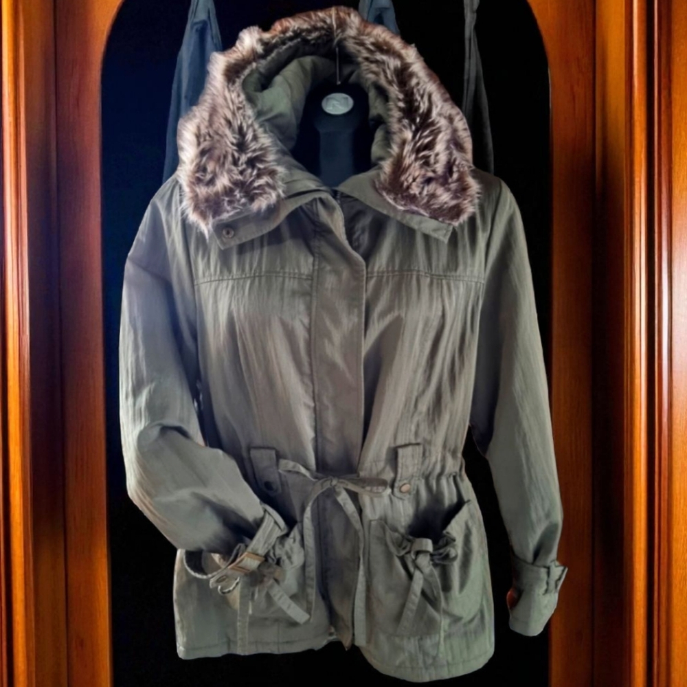 Together Women's Faux Fur-Trimmed Parka Style Khaki Jacket Coat Sz 12